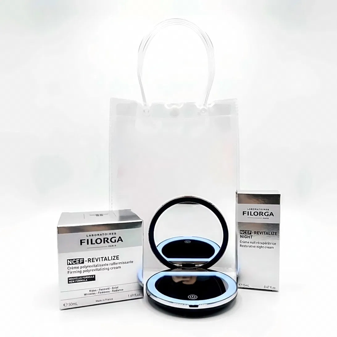 Filorga NCEF-Revitalize firming cream 50 ml and NCEF-Revitalize Night cream 15 ml with a black LED compact mirror and clear gift bag