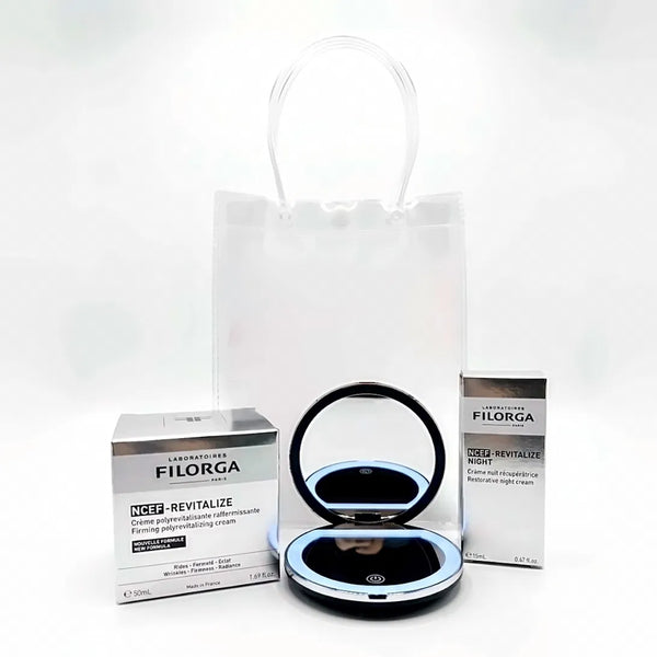 Filorga NCEF-Revitalize firming cream 50 ml and NCEF-Revitalize Night cream 15 ml with a black LED compact mirror and clear gift bag