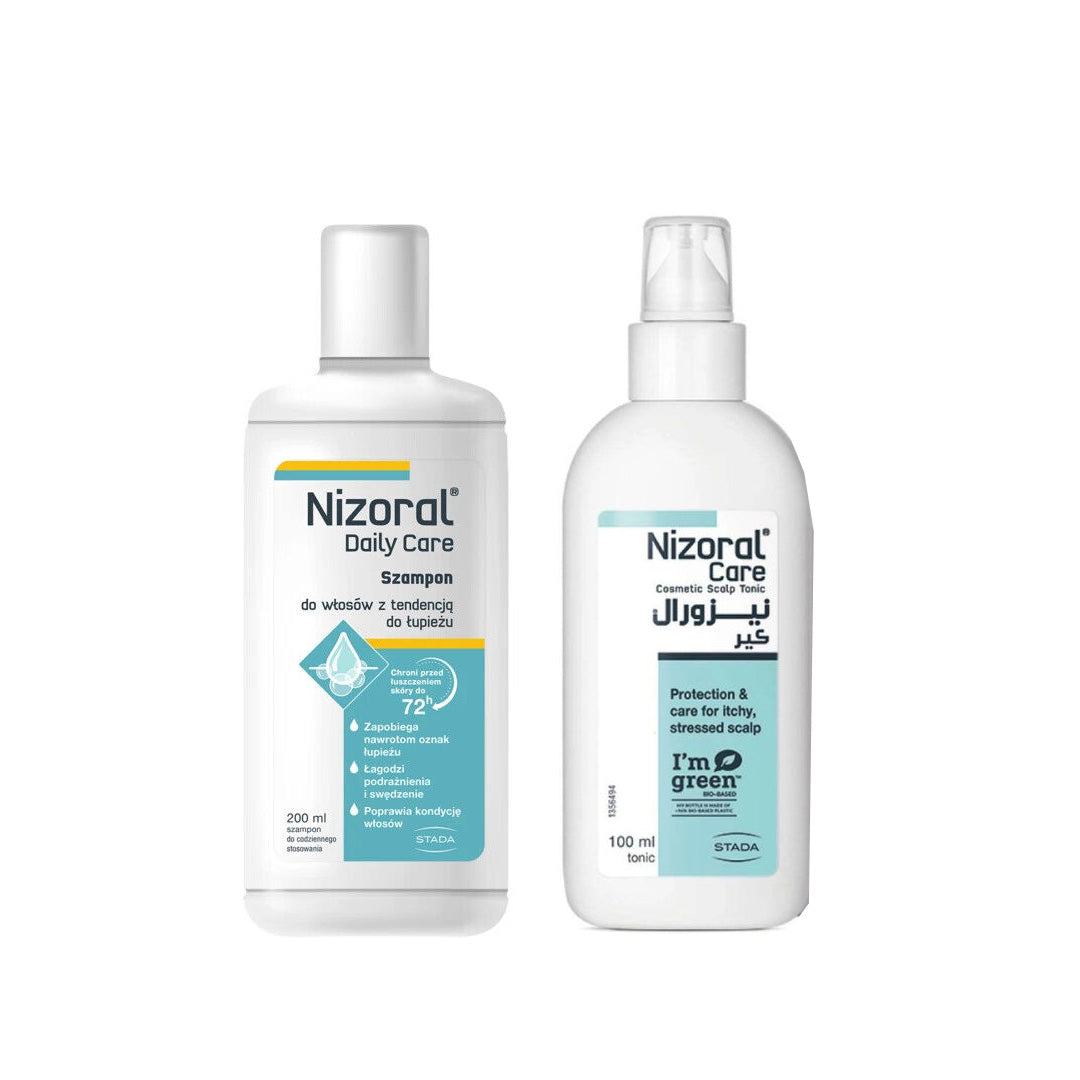 Two Nizoral hair care products on a white background