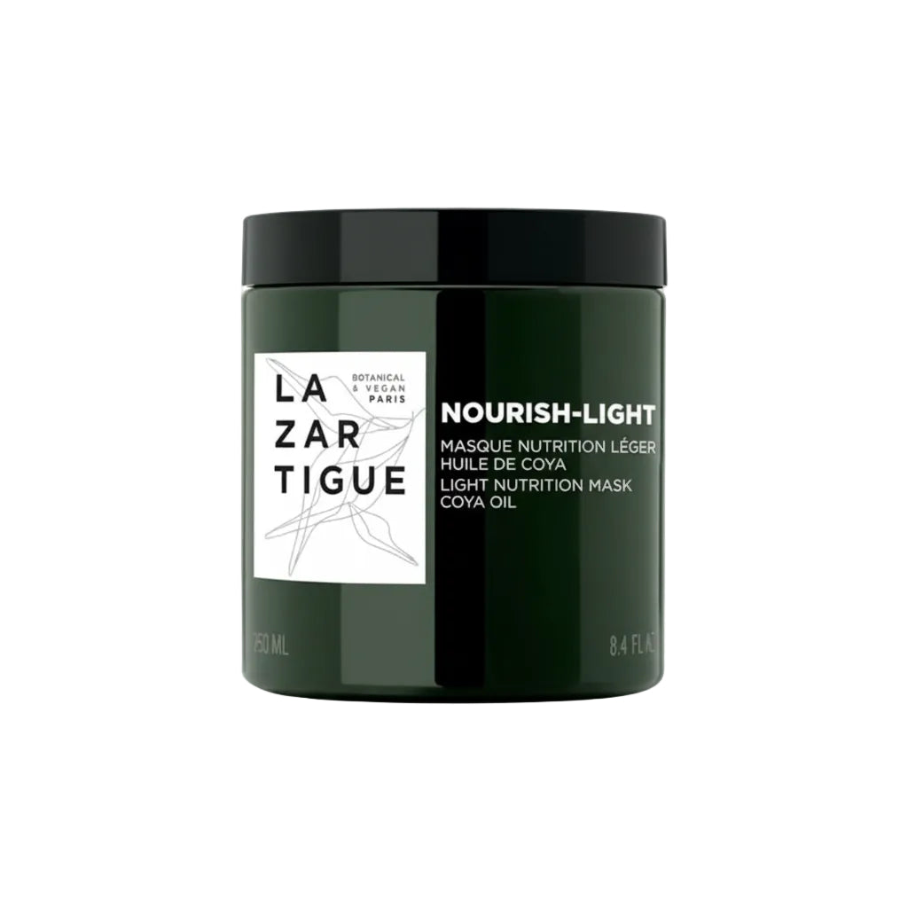 Green jar of Lazartigue Nourish-Light hair mask on a white background