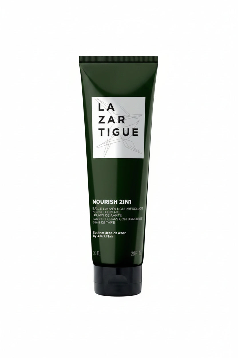 Green tube of Lazare Tigue hair product on a white background