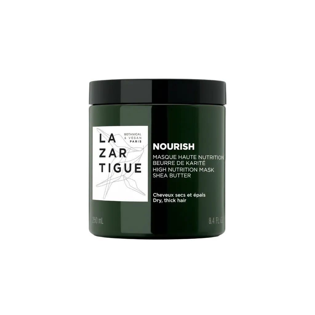 Green jar of LaZarTigue hair mask with black lid on a white background