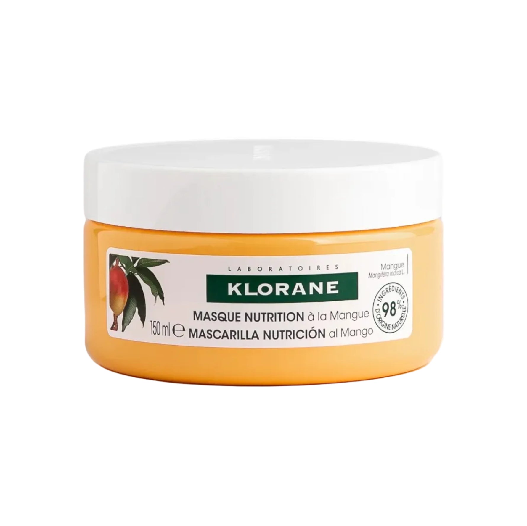Klorane mango nutrition mask jar on a white background
