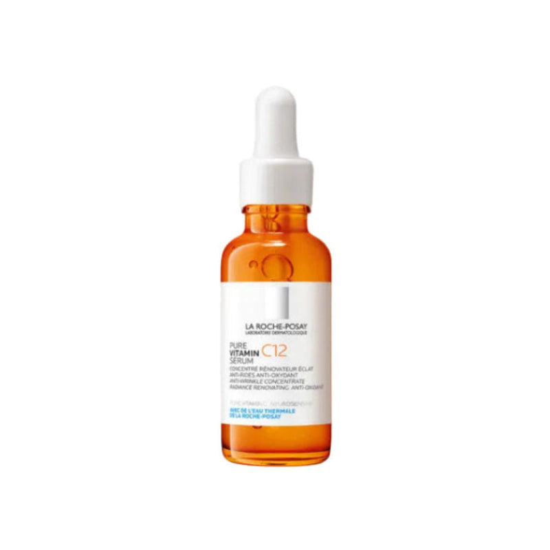 Orange skincare serum bottle with dropper on a white background, featuring La Roche-Posay branding.