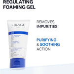 A tube of URIAGE Calm Therapeutic DS Regulating Foaming Gel shown on a white background with promotional text reading 'REGULATING FOAMING GEL,' 'REMOVES IMPURITIES,' and 'PURIFYING & SOOTHING ACTION.'.