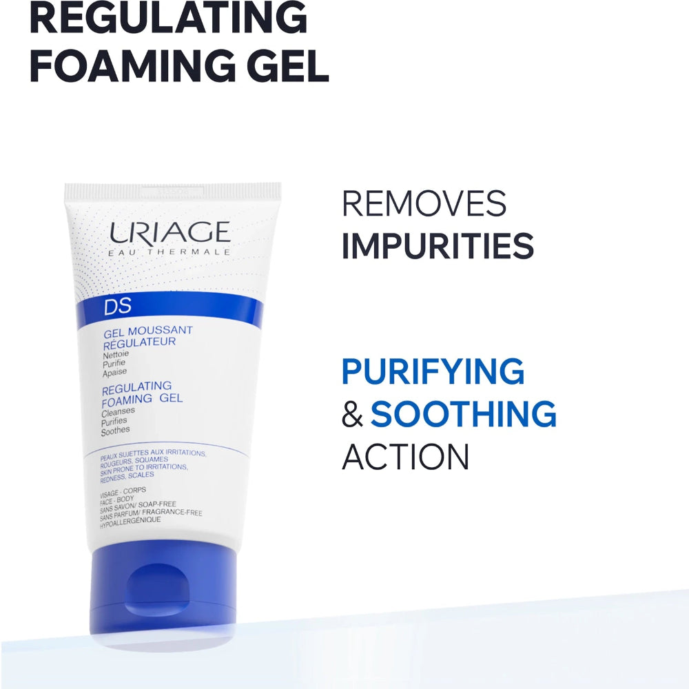 A tube of URIAGE Calm Therapeutic DS Regulating Foaming Gel shown on a white background with promotional text reading 'REGULATING FOAMING GEL,' 'REMOVES IMPURITIES,' and 'PURIFYING & SOOTHING ACTION.'.