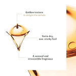 Product packaging with text describing its texture, feel, and fragrance on a white background.