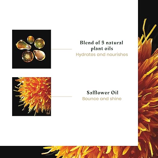 Advertisement for safflower oil with images of oil droplets and a safflower plant.