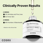 Cosrx skincare serum bottle with dropper and clinical benefits text on a light green background