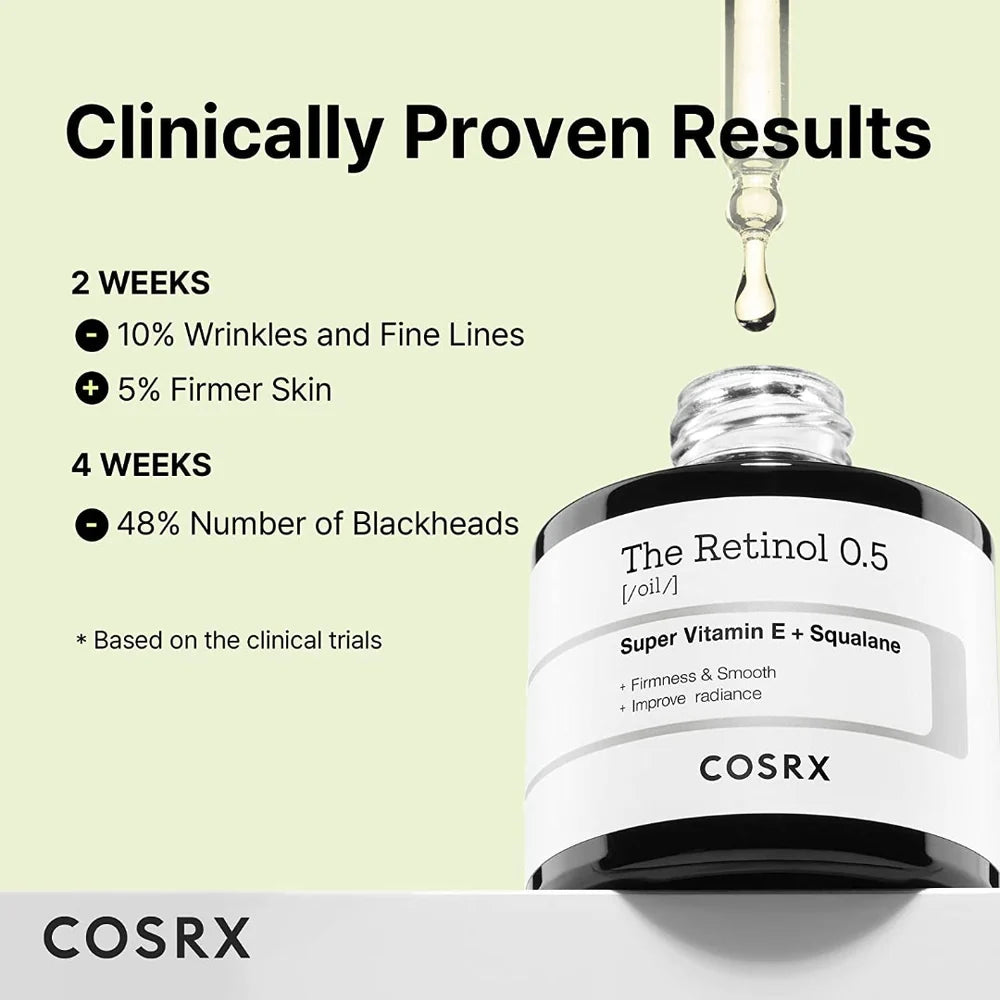 Cosrx skincare serum bottle with dropper and clinical benefits text on a light green background