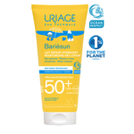 Yellow Uriage Bariésun sunscreen lotion tube on a white background