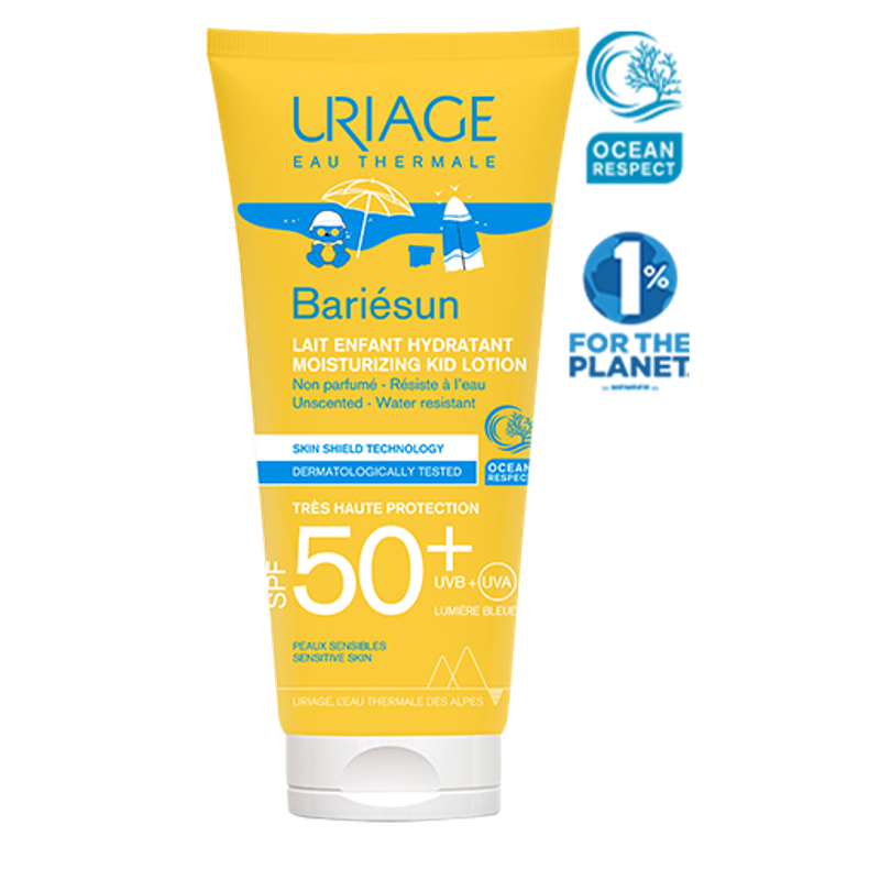 Yellow Uriage Bariésun sunscreen lotion tube on a white background