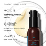 SkinCeuticals AOX Eye Gel bottle with text highlighting benefits on a white background