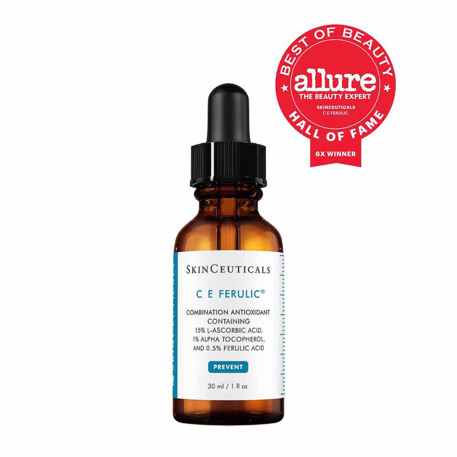 SkinCeuticals C E Ferulic dropper bottle with Allure Best of Beauty Hall of Fame award on a white background