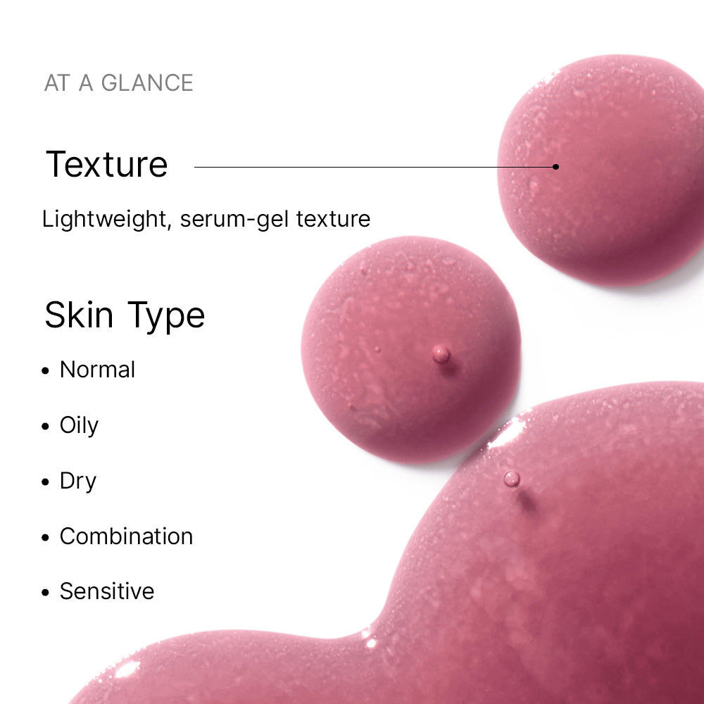 Pink serum-gel texture with text on skin type compatibility on a white background