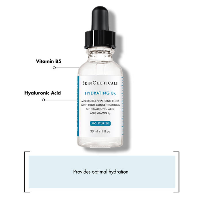 SkinCeuticals Hydrating B5 serum bottle with labeled ingredients on a white background