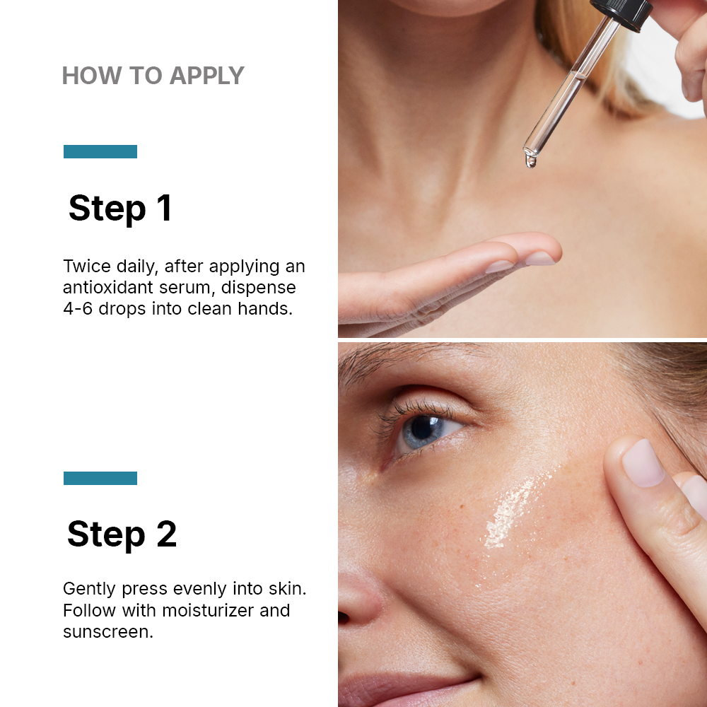 Instructions on how to apply a skincare product with close-up of dropper and application on skin.