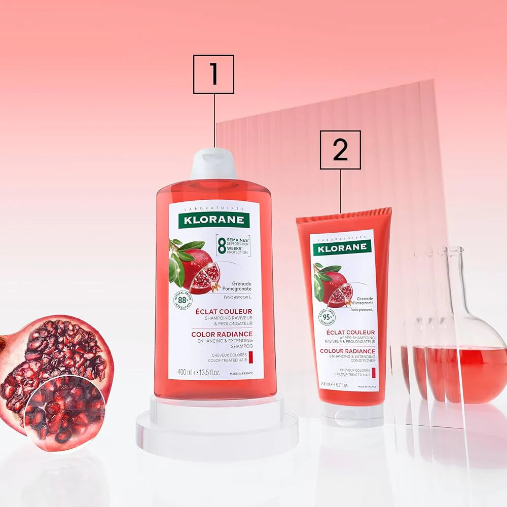 Sulfate-free Klorane pomegranate shampoo that helps preserve colored hair