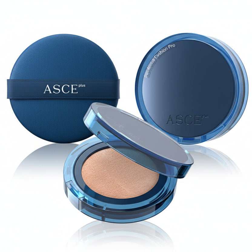 Blue compact powder case with ASCE branding on a white background