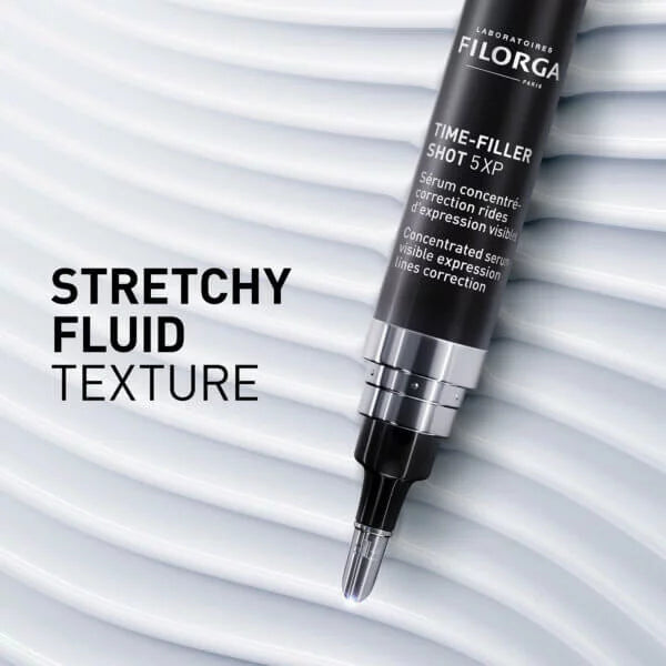 Filorga serum pen with text about stretchy fluid texture on a white background