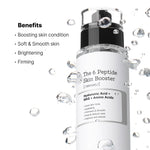 Skincare serum bottle with benefits listed on a white background