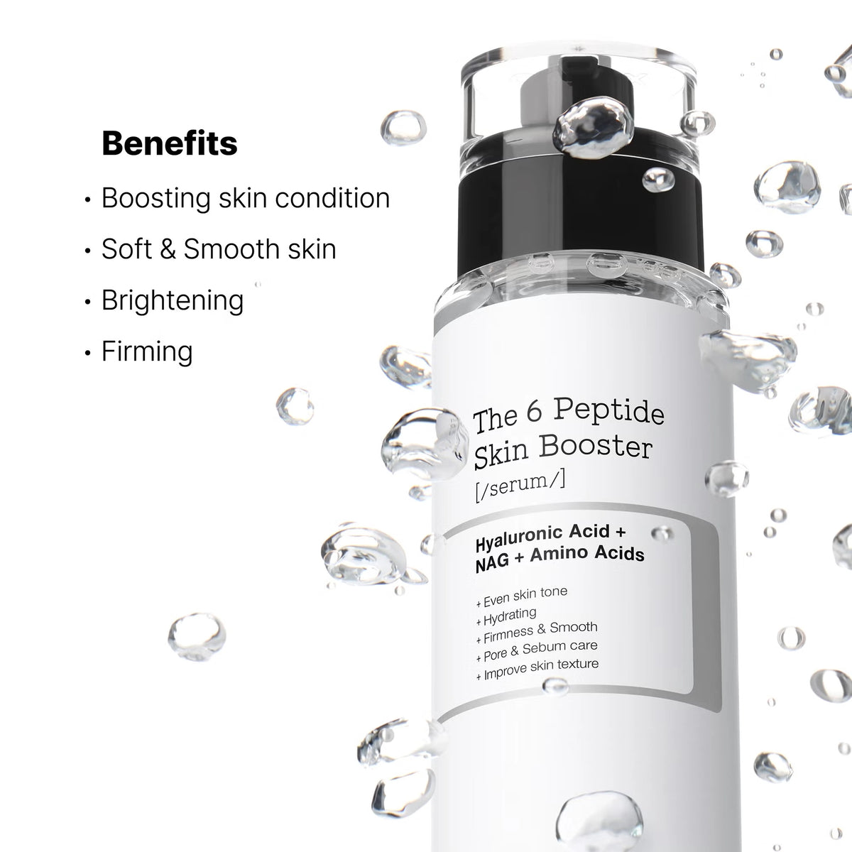 Skincare serum bottle with benefits listed on a white background