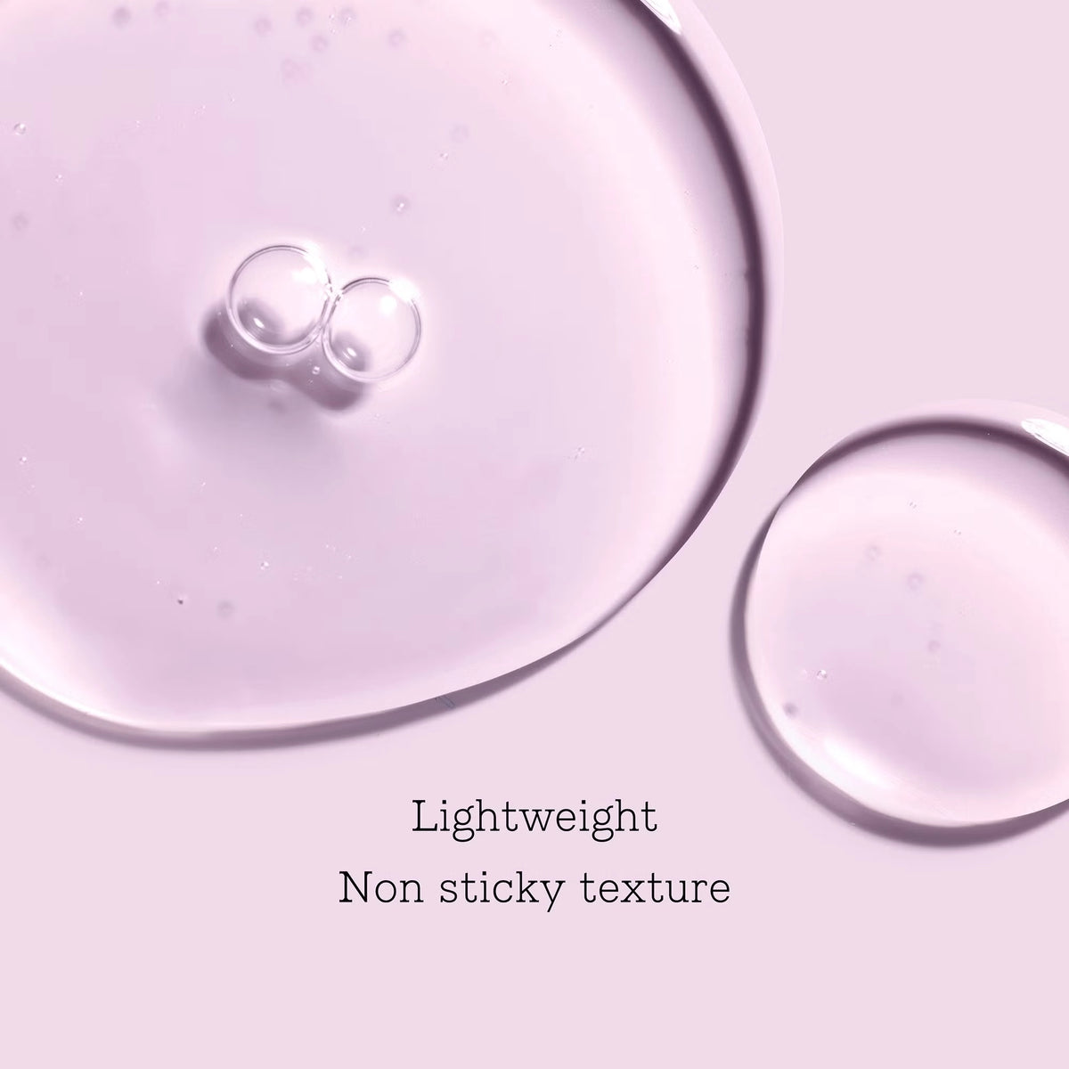 Close-up of a light purple texture with droplets and text 'Lightweight Non sticky texture'.