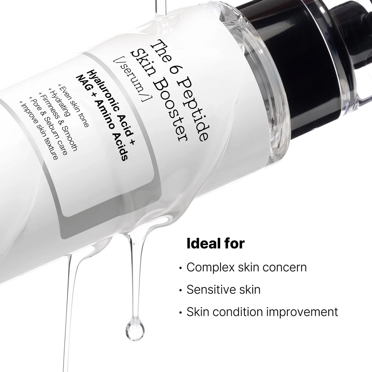A close-up of a skincare serum bottle labeled 'The 6 Peptide Skin Booster' with a black pump and clear cap, shown on a white background with dripping liquid and marketing text.