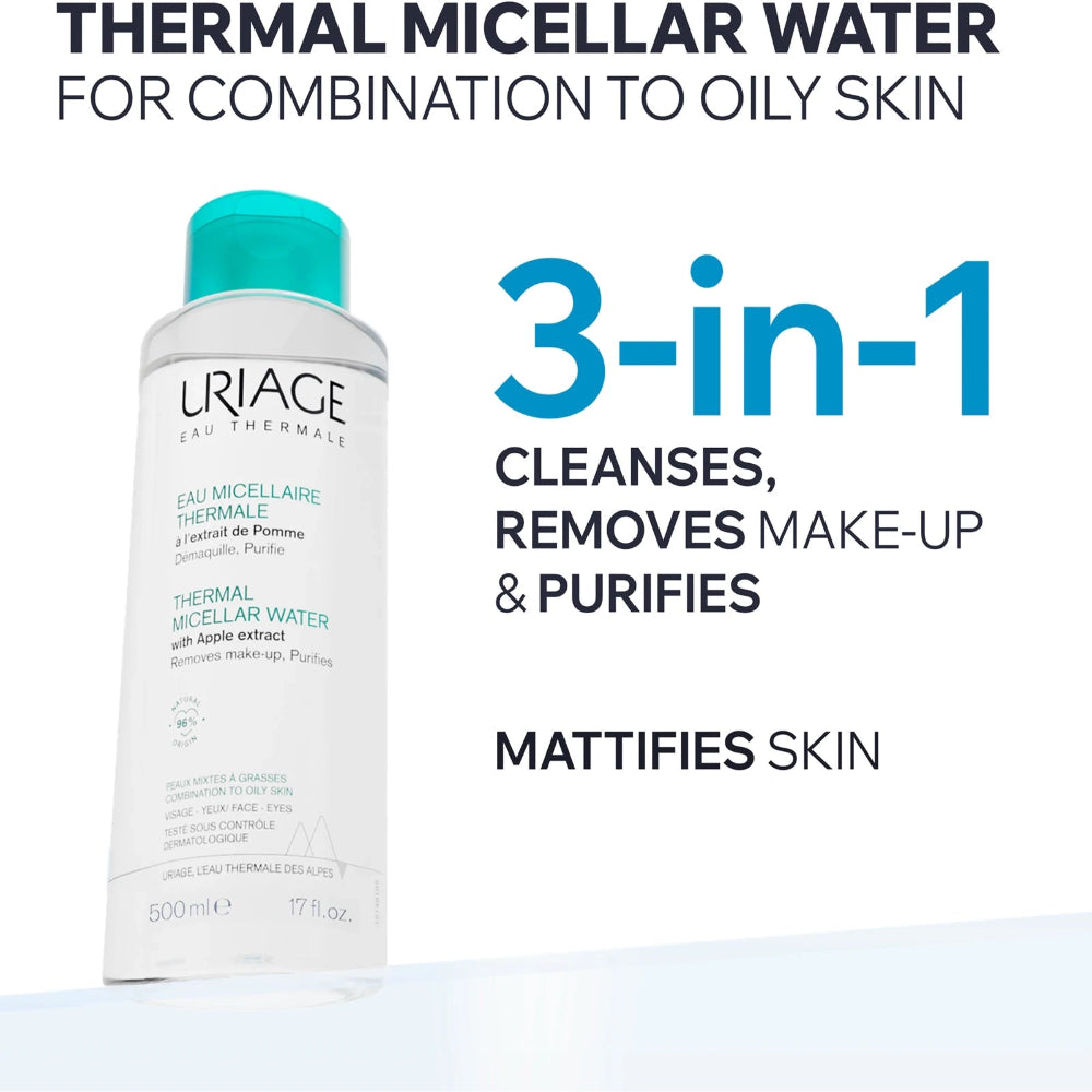 A bottle of Uriage Thermal Micellar Water with a turquoise cap, shown on a white background with promotional text highlighting its benefits for oily skin.