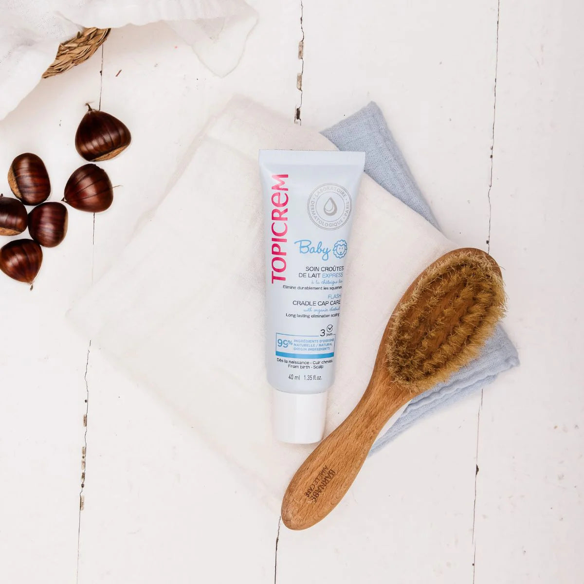Topicrem baby scalp treatment to help soften and remove cradle cap flakes.