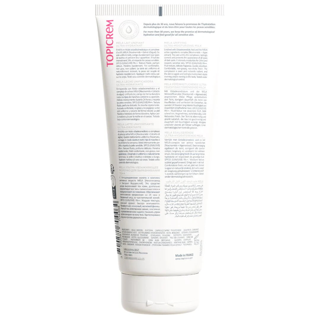 Topicrem body milk for pigmentation, sun spots, and dull skin.