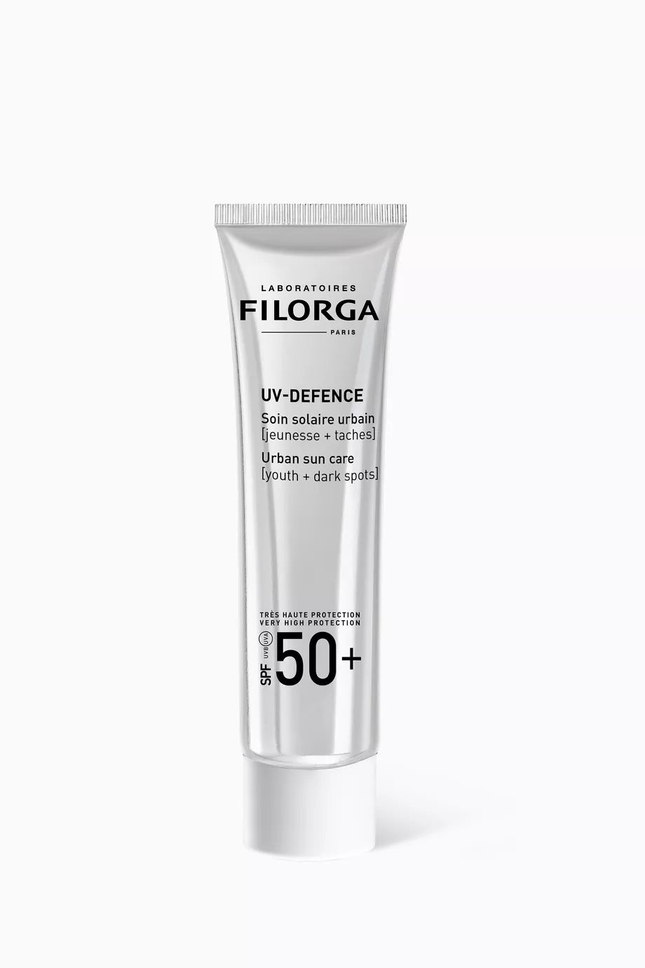 Filorga UV-Defense sunscreen tube on a white background