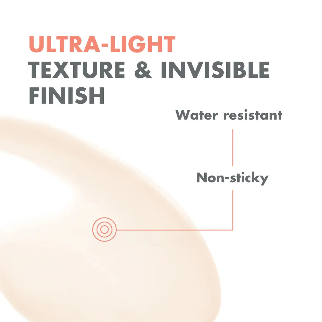 Text describing ultra-light texture, invisible finish, water resistance, and non-stickiness on a white background with a beige swatch.