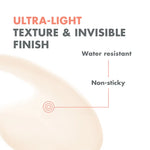 Text describing ultra-light texture, invisible finish, water resistance, and non-stickiness on a white background with a beige swatch.