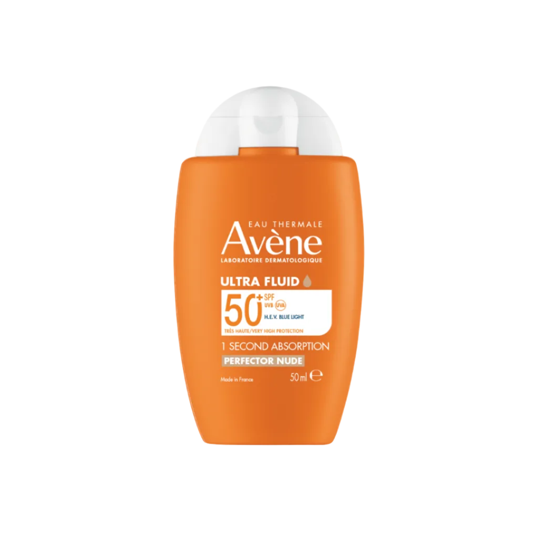 Orange bottle of Avene Ultra Fluid sunscreen on a white background