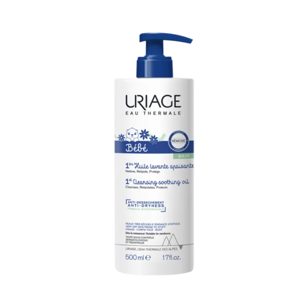 Uriage baby cleansing oil bottle on a white background