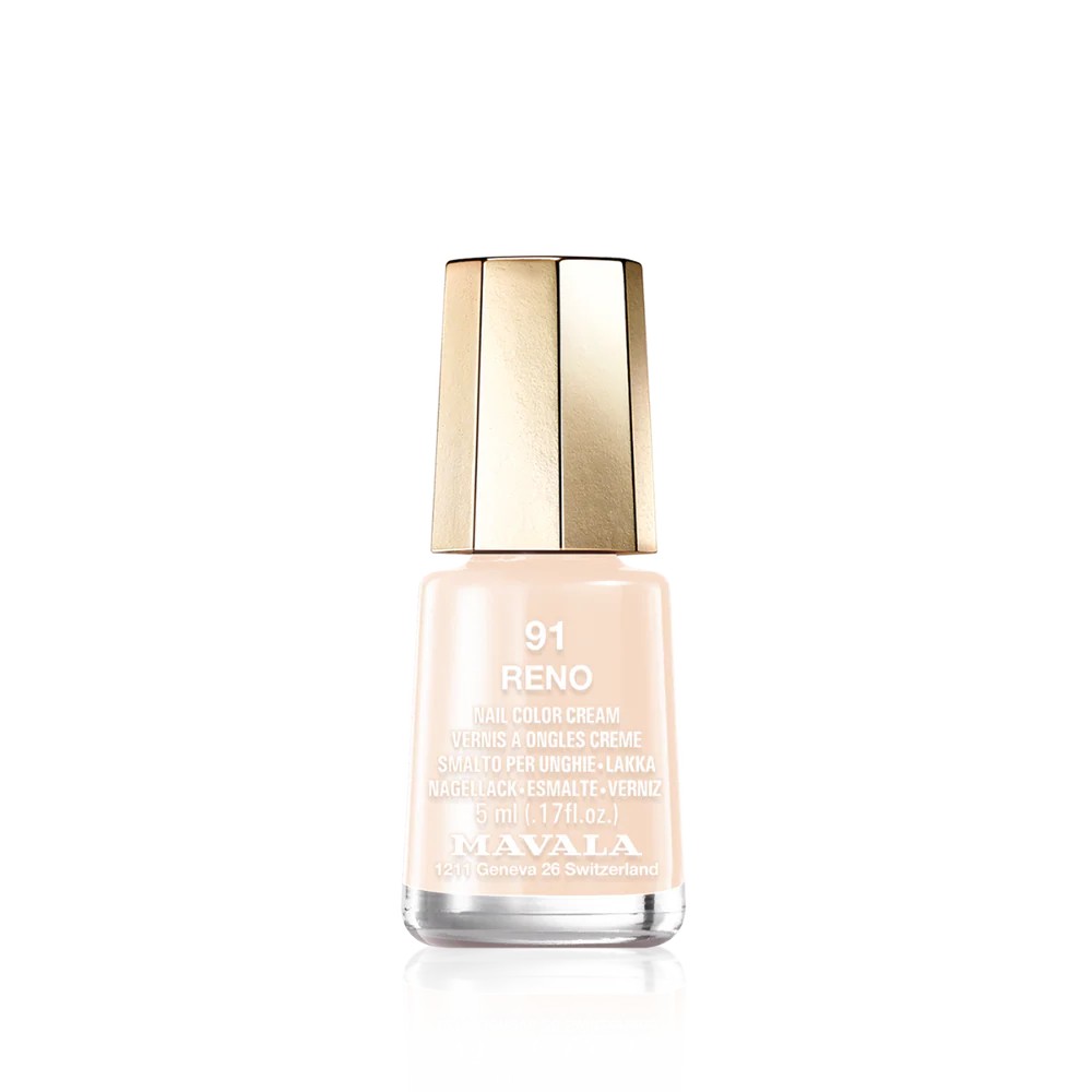 Mavala Mini Nail Polish Reno 91 with a glossy cream nude finish.