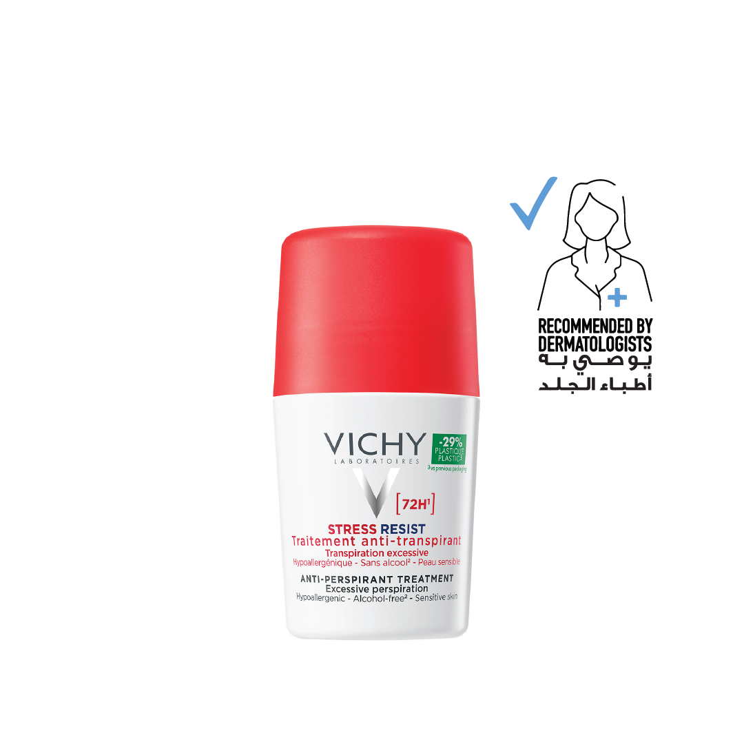 Vichy deodorant roll-on with red cap on a white background