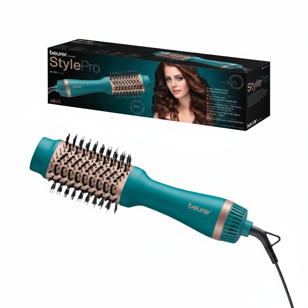 Teal hair styling tool with packaging featuring a woman's face and 'beurer' branding.