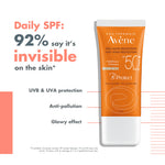 Avène SPF 50+ sunscreen for sensitive skin with antioxidant protection and natural tint.