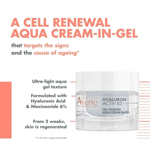 Aveone Cell Renewal Aqua Cream-In-Gel jar shown on a white background with promotional text and callouts describing its ultra-light aqua gel texture and hyaluronic acid & niacinamide formulation.
