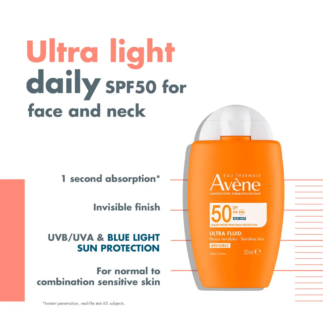 A bottle of Avene Ultra Light Daily SPF50 sunscreen on a white background with promotional text highlighting its lightweight, fast-absorbing formula and broad-spectrum UVB/UVA & blue light protection.