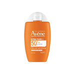 bottle of Avene Ultra Fluid sunscreen with SPF 50 on a white background