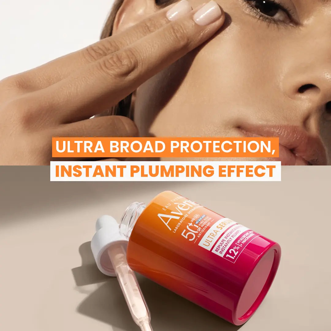 Woman applying avele ultra serum product with text about ultra broad protection and instant plumping effect, and a bottle of the product on a beige background.
