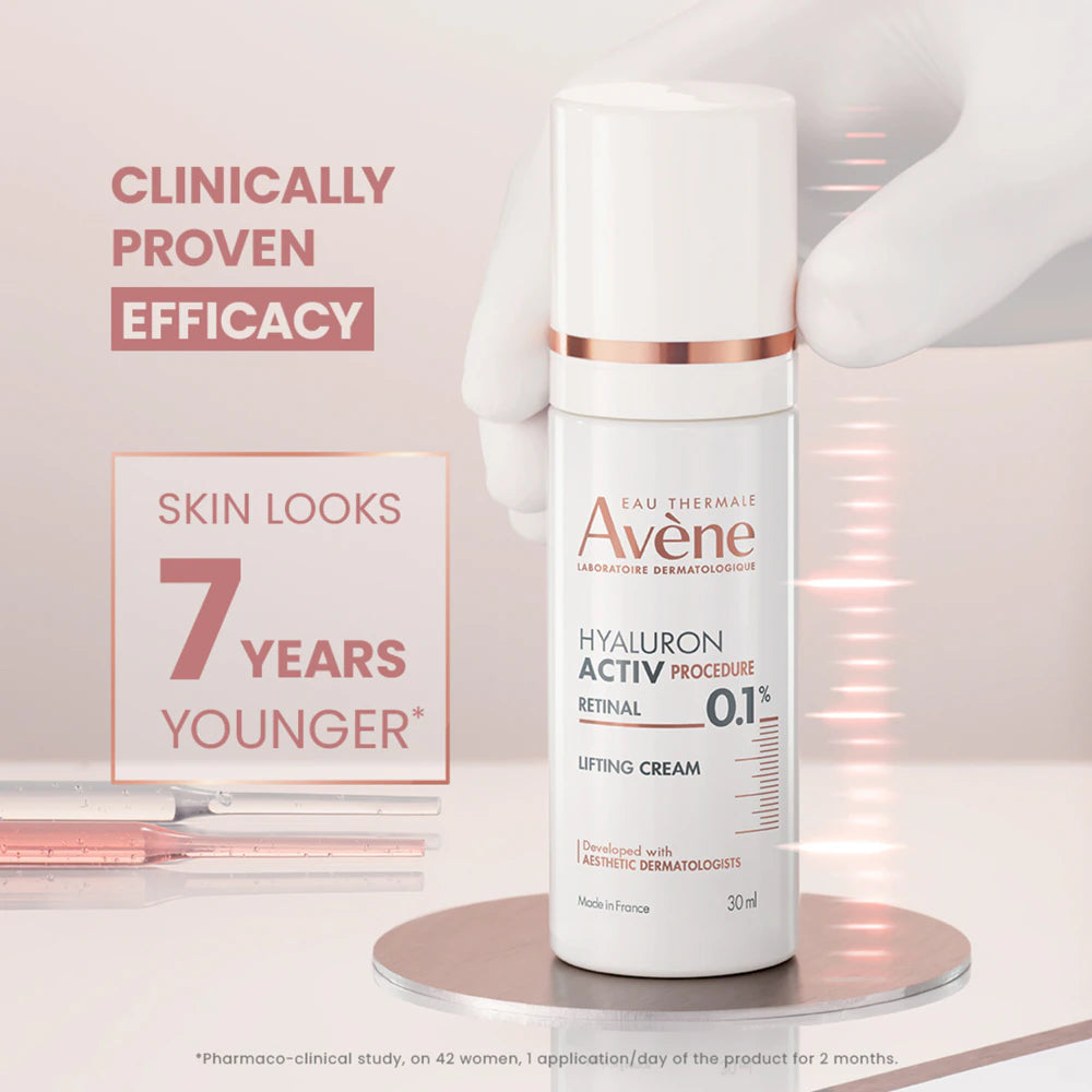 Avene Hyaluron Activ Lifting Cream bottle with text highlighting clinical proven efficacy on a white background