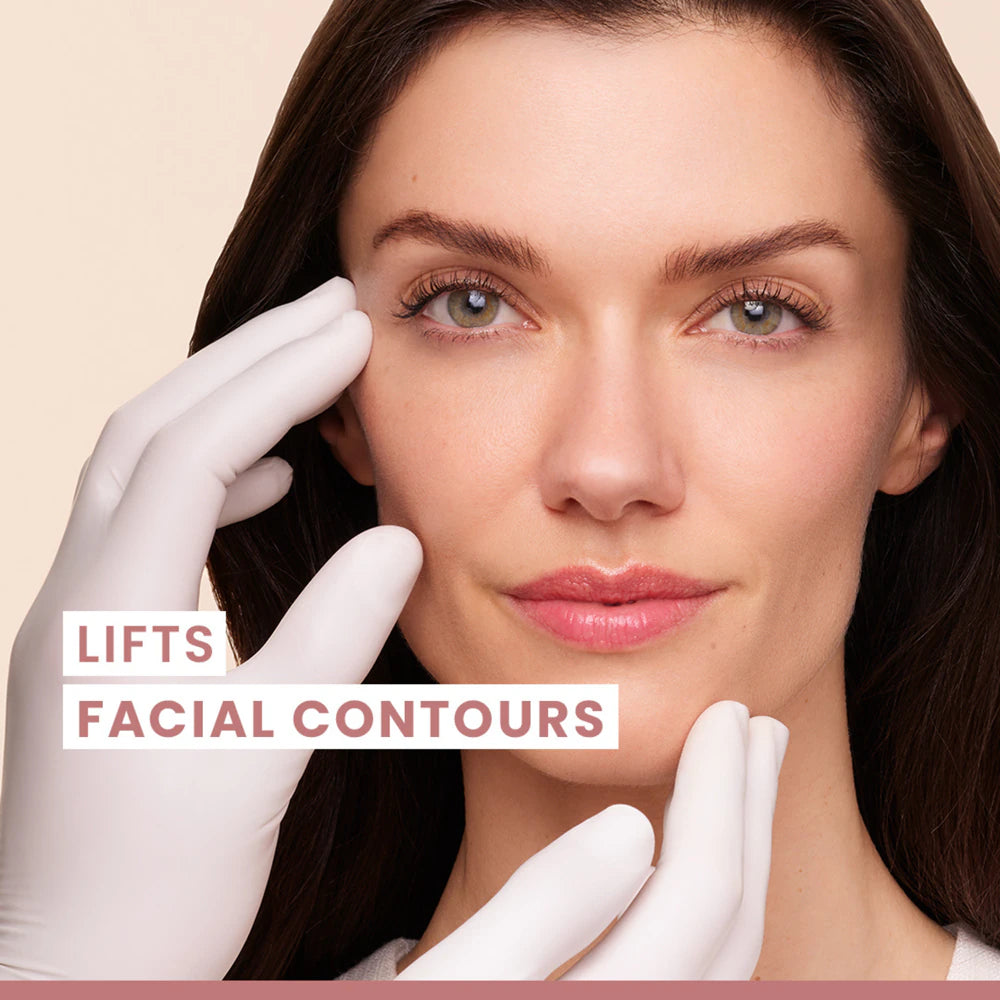 Woman with hands in white gloves touching her face, with text 'Lifts Facial Contours' on a beige background