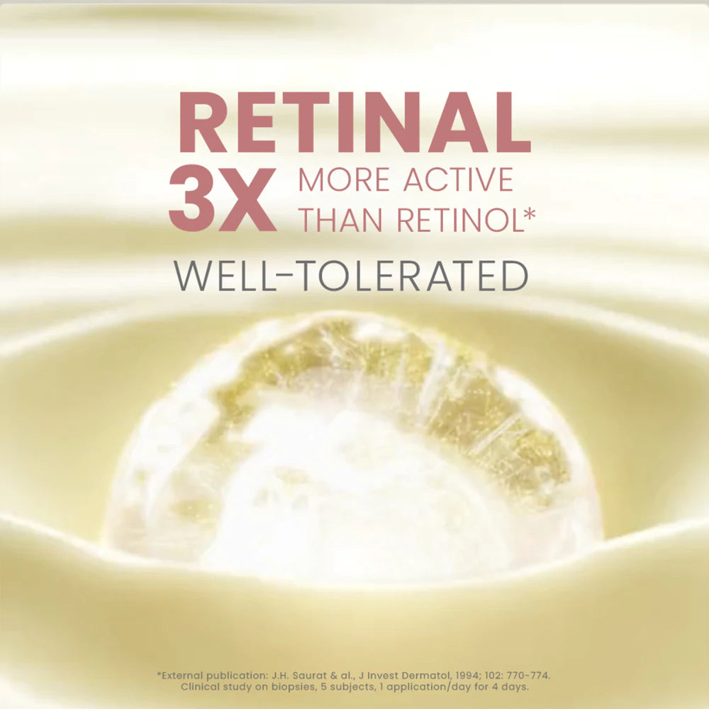 Advertisement for Retinal 3X with a close-up of a droplet on a light background