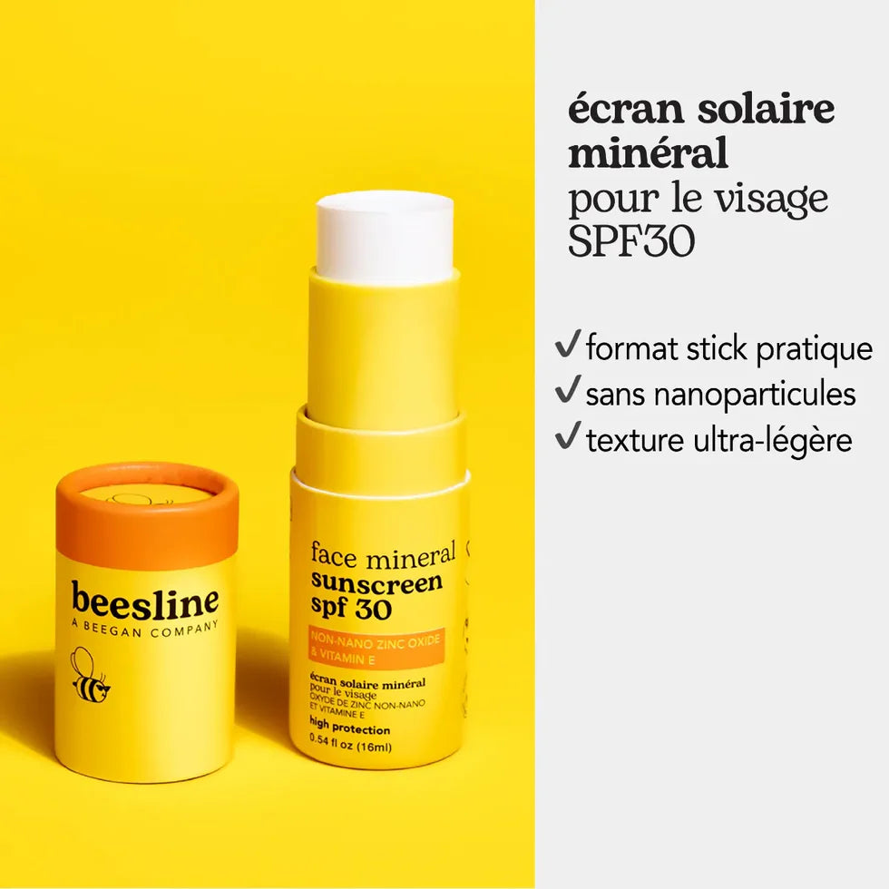 Beesline mineral sunscreen stick SPF30 for sensitive skin with vitamin E and honey.