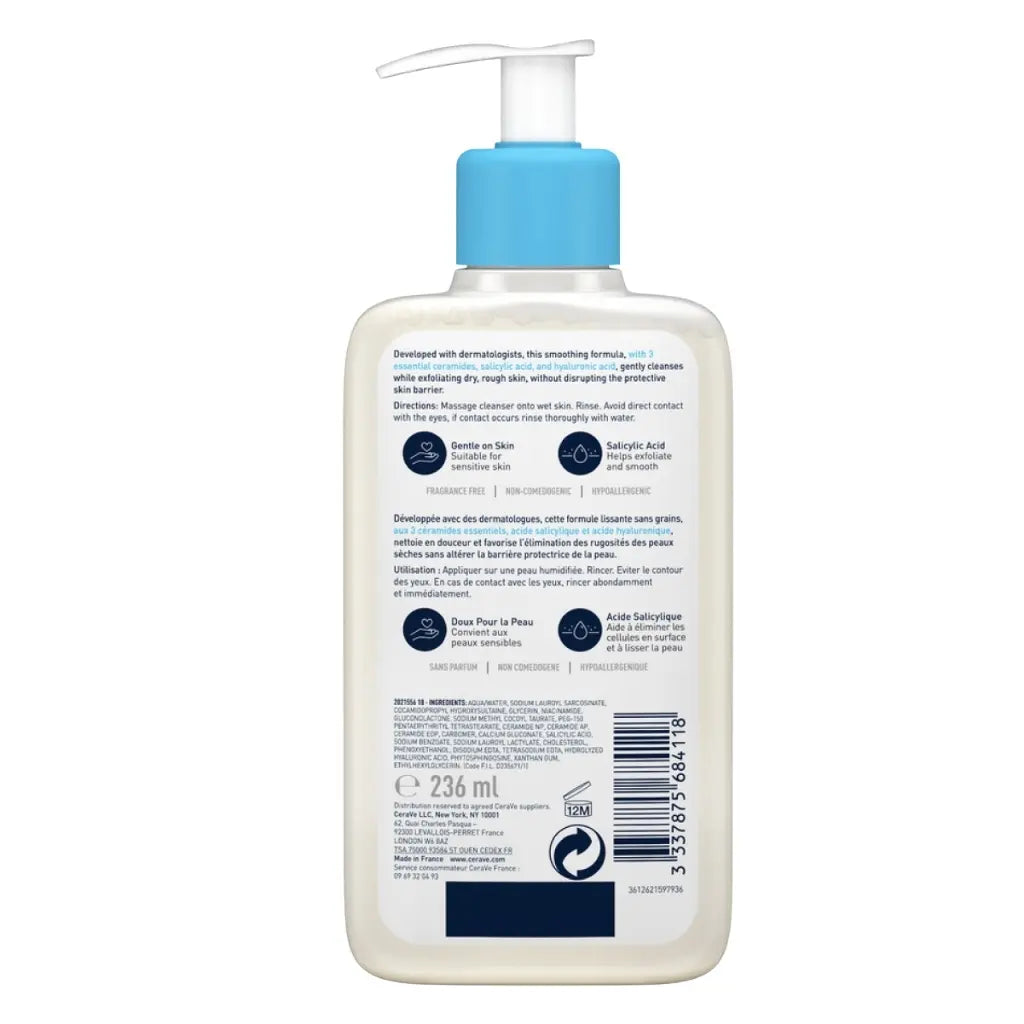 Back view of CeraVe exfoliating cleanser with ceramides and Hyaluronic Acid