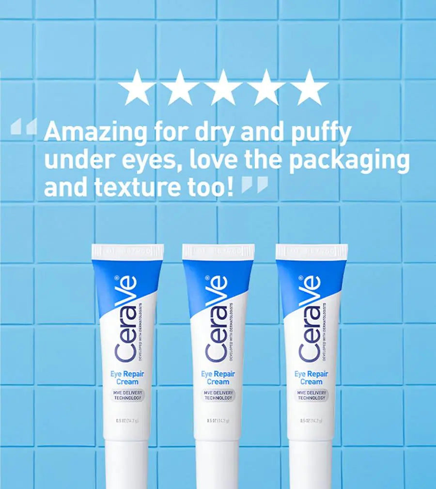 Three tubes of CeraVe eye repair cream on a blue tiled background with positive text.
